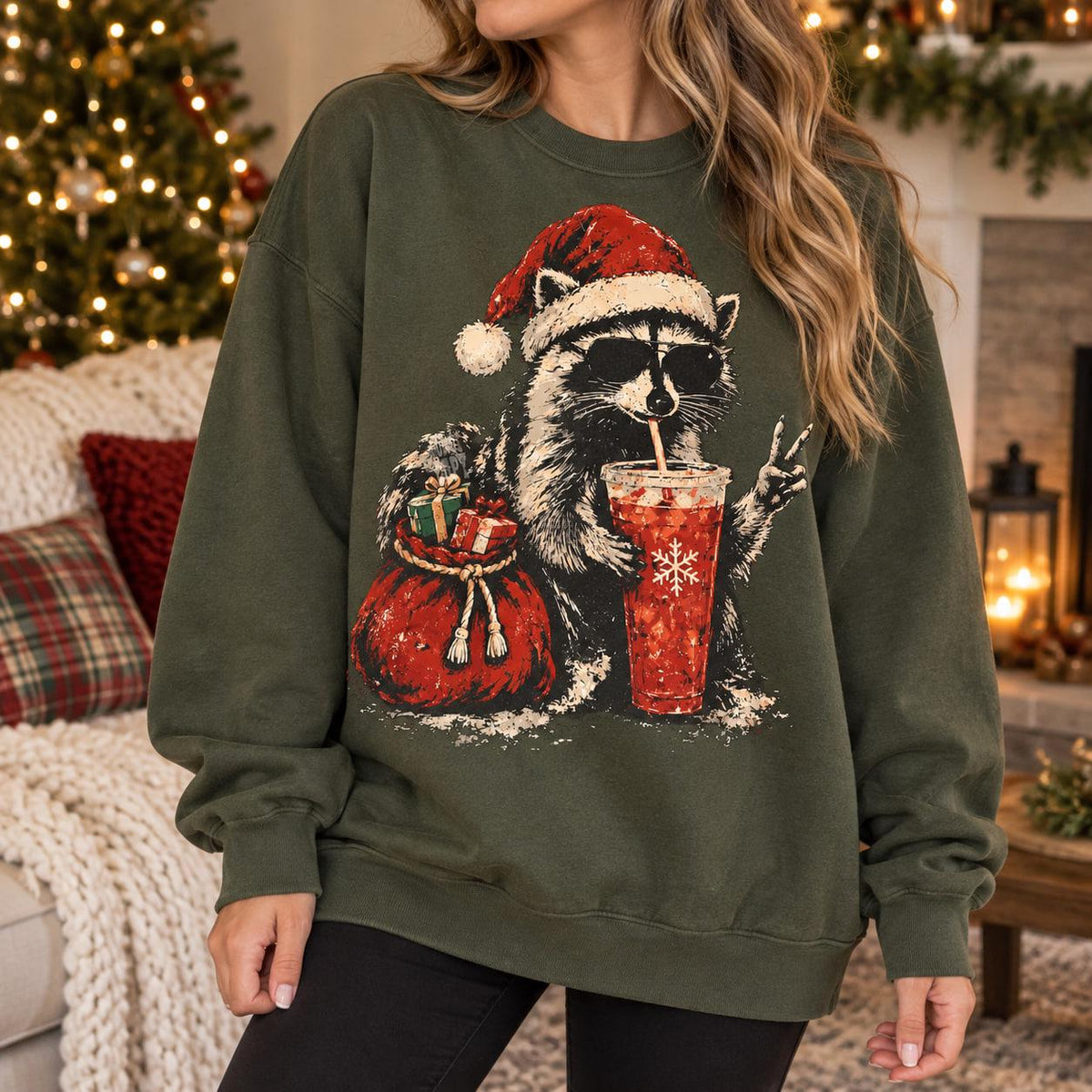 Christmas Raccoon Drinking Iced Coffee Sweatshirt, Xmas Animal Lover Gift, Raccoon Coffee Shirt, Cozy Winter Christmas Gift 3