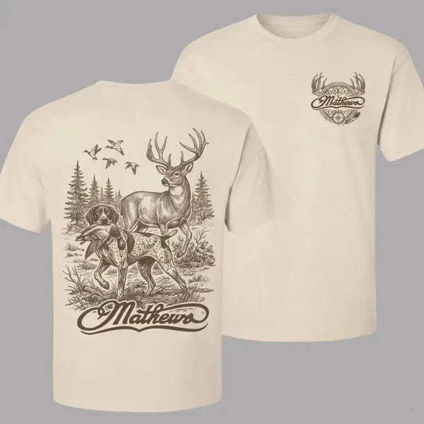 Deer Hunting T-Shirt, Retro Deer Bird Dog Graphic Tee for Men, Retro Hunting Shirt, Outdoor Hunter Outfit, Gift Idea Classic Cotton