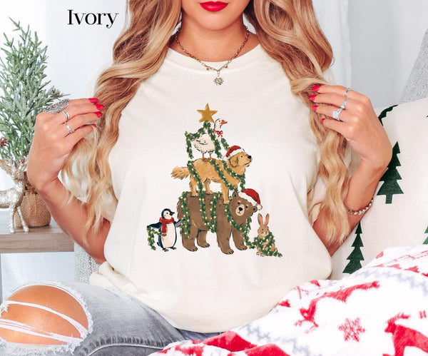 Cute Funny Christmas Animals Shirt, Animals Decorating Christmas Tree Tee, Whimsical Holiday Shirt, Retro Vintage Christmas Tee