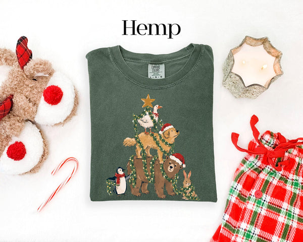 Cute Funny Christmas Animals Shirt, Animals Decorating Christmas Tree Tee, Whimsical Holiday Shirt, Retro Vintage Christmas Tee 2