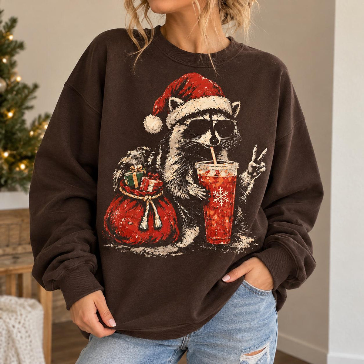 Christmas Raccoon Drinking Iced Coffee Sweatshirt, Xmas Animal Lover Gift, Raccoon Coffee Shirt, Cozy Winter Christmas Gift 2