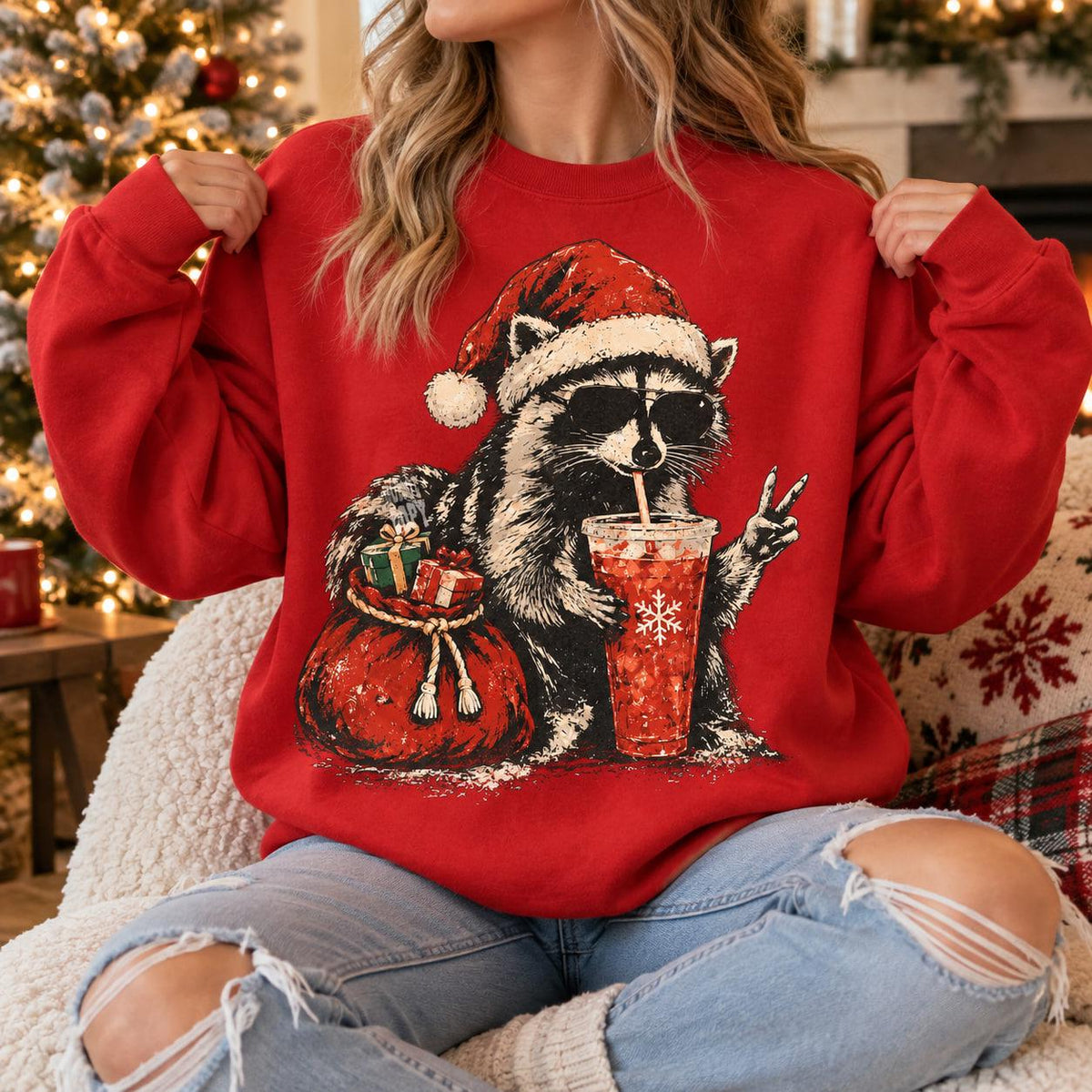 Christmas Raccoon Drinking Iced Coffee Sweatshirt, Xmas Animal Lover Gift, Raccoon Coffee Shirt, Cozy Winter Christmas Gift